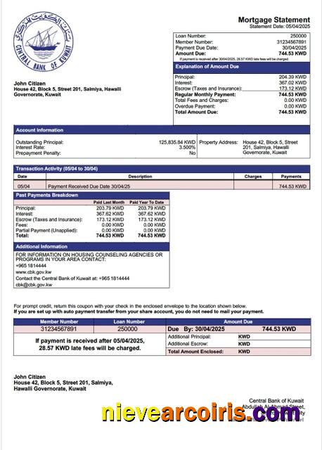 Kuwait Central Bank of Kuwait mortgage statement Word and PDF template